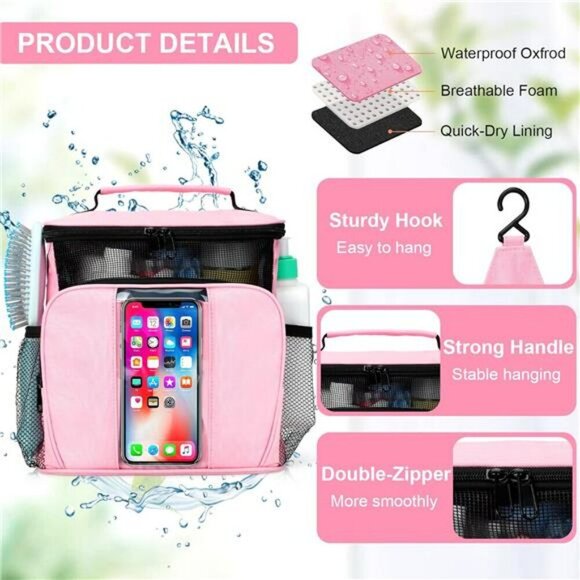 Pink Mesh Shower Caddy Toiletry Makeup Bag Travel Cruise Dorm Organizer Women - Picture 4 of 8